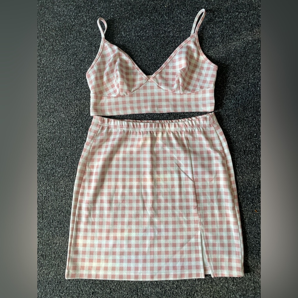 Pink Gingham Two Piece Shirt and Skirt Set
